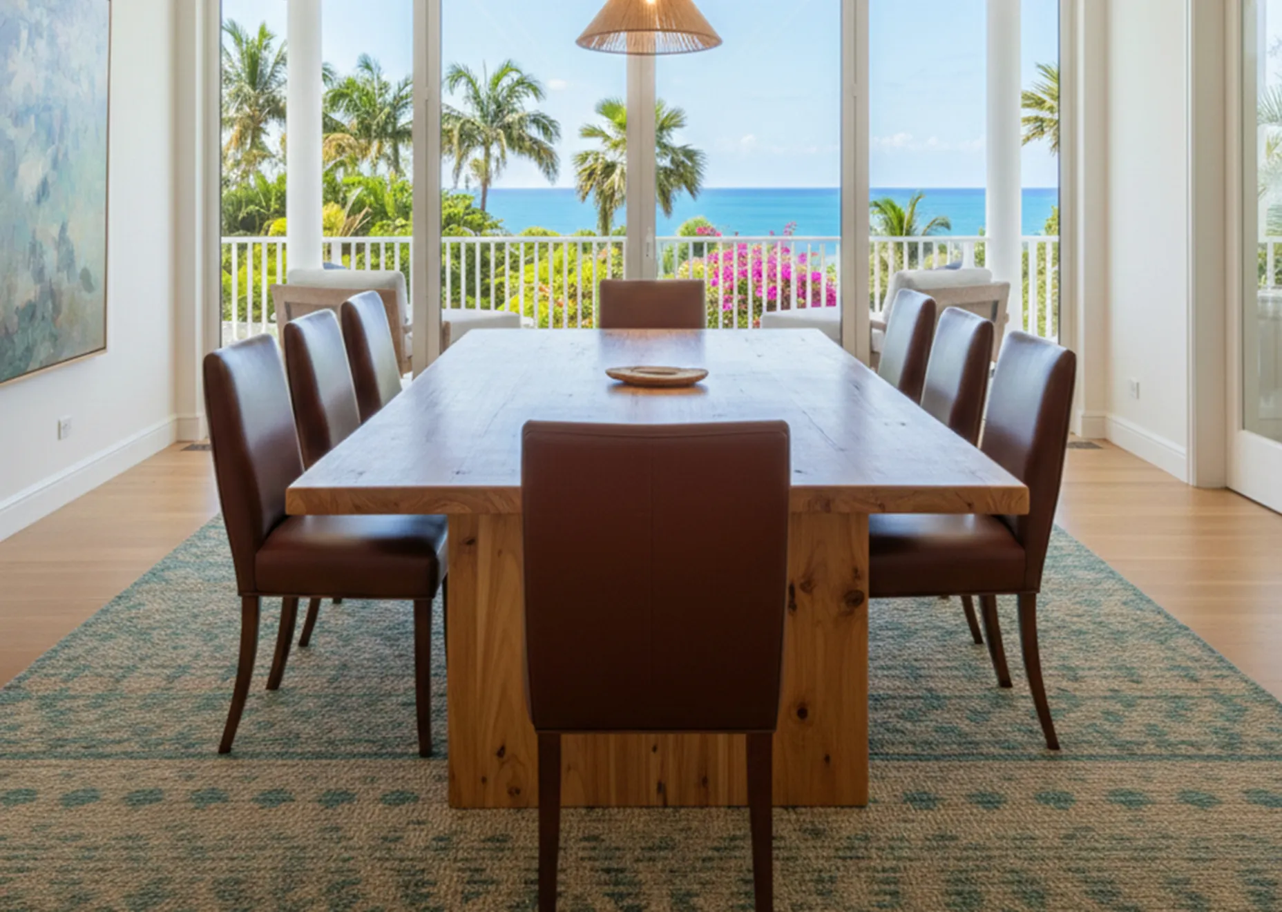 Oito cadeiras antigas em uma sala de jantar iluminada com vista para o mar