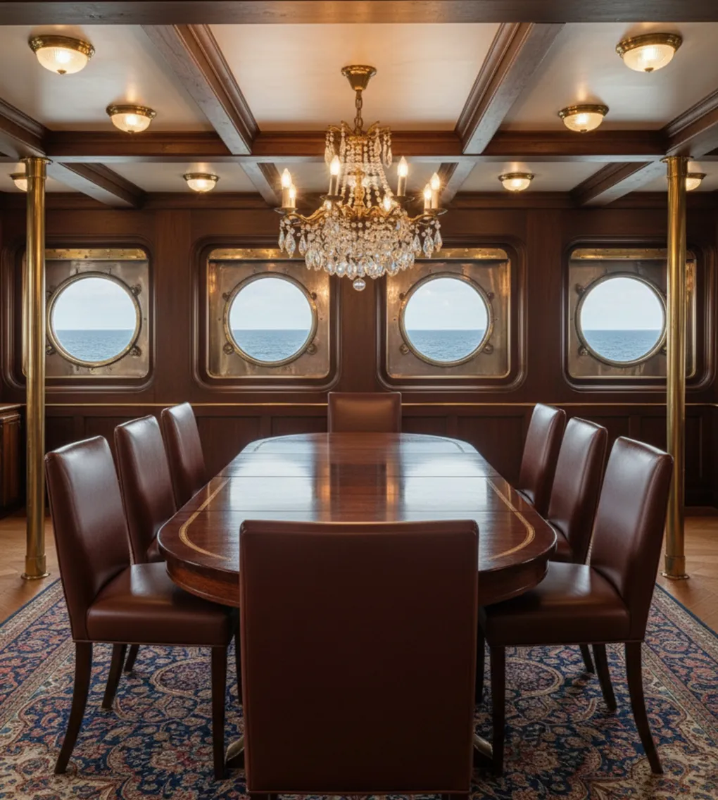 八把古董椅子（恢复）在优雅的餐厅，配有抛光桌子和圆形窗子。