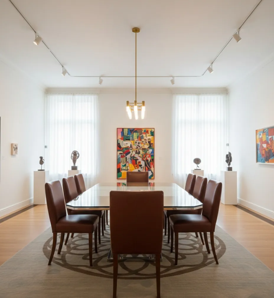 Conjunto de 8 cadeiras antigas em uma sala de jantar moderna