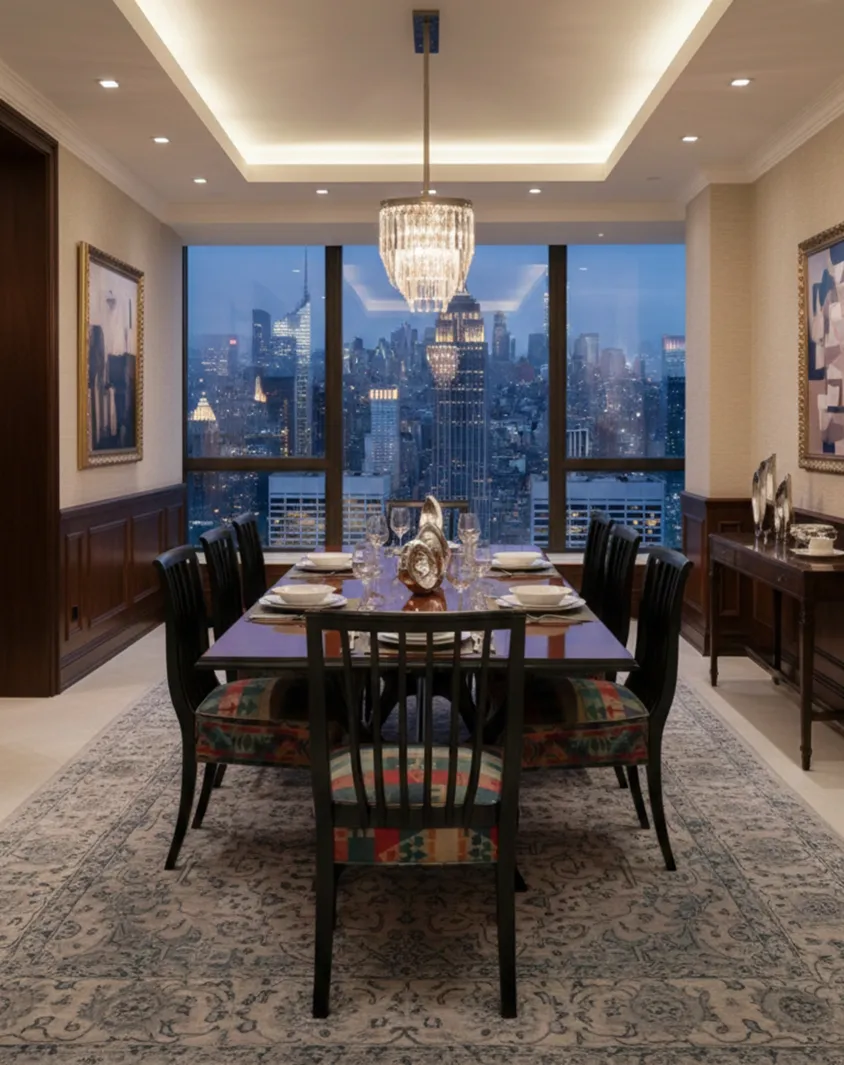 8 sillas antiguas en un elegante comedor con vista