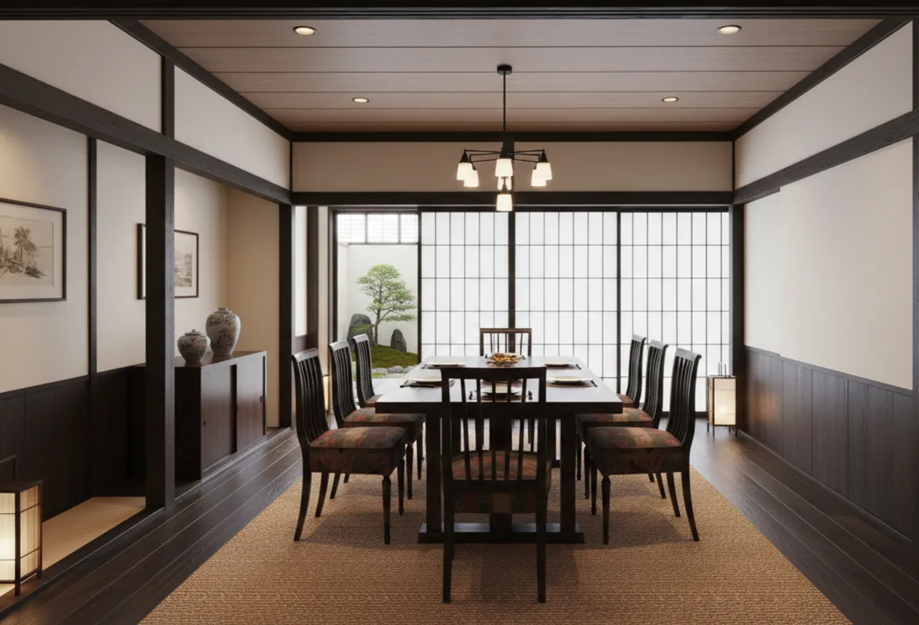 8 cadeiras antigas prontas para serem restauradas em uma elegante sala de jantar com vista para o jardim