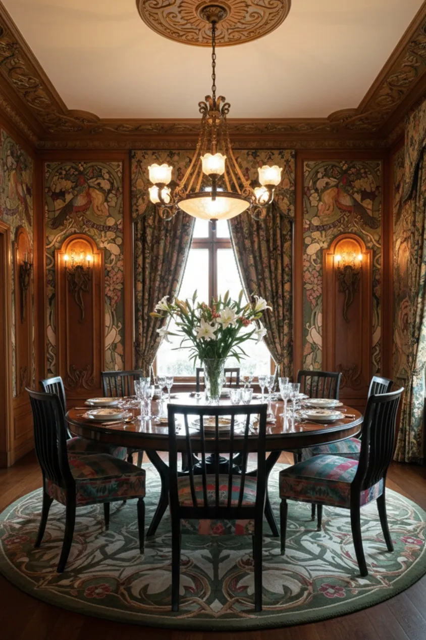 Acht alte Stühle zur Restaurierung in einem eleganten Esszimmer mit verzierter Dekoration.