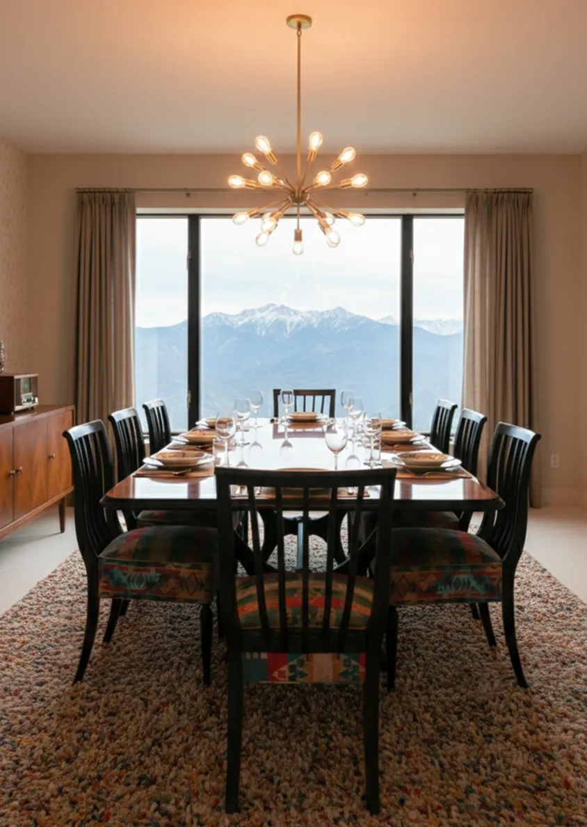 Acht antike Stühle in einem Esszimmer mit Blick auf Berge