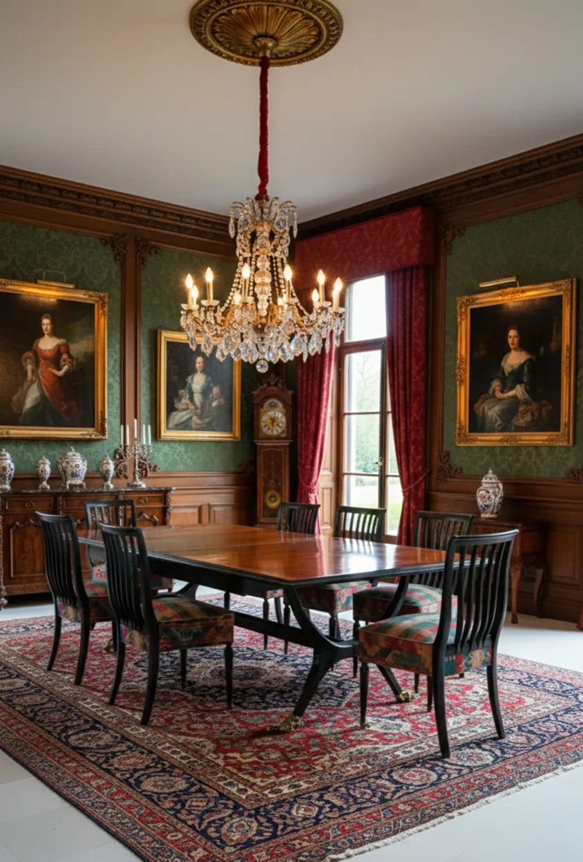 Set of 8 antique chairs in an elegantly decorated dining room with a crystal chandelier overhead.