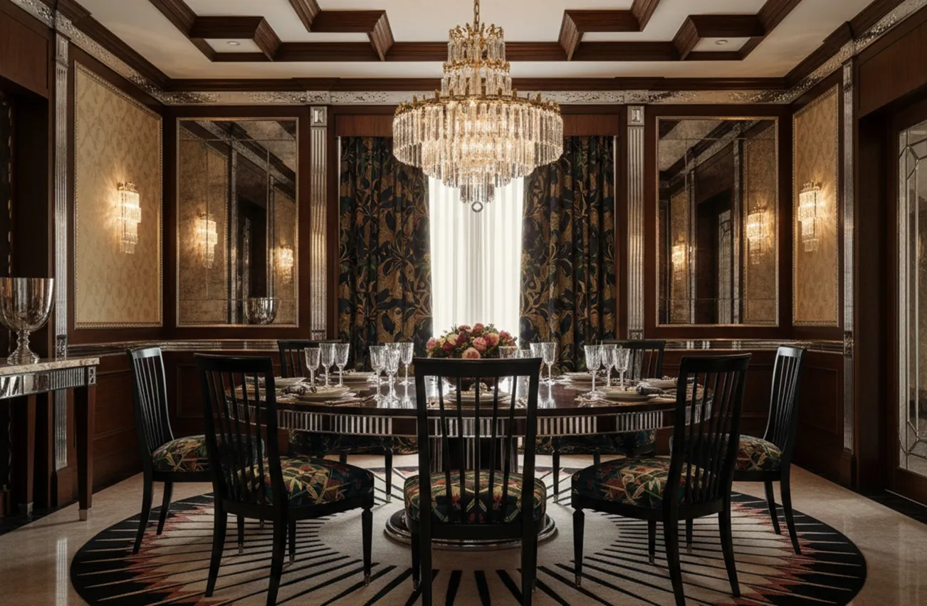 Acht antike Stühle in einem eleganten Esszimmer mit floralen Details