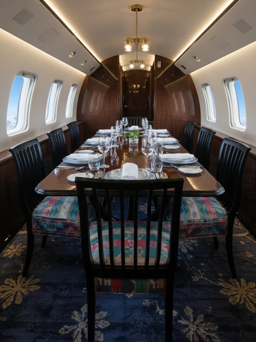 Vista de un comedor con 8 sillas antiguas y mesa elegante