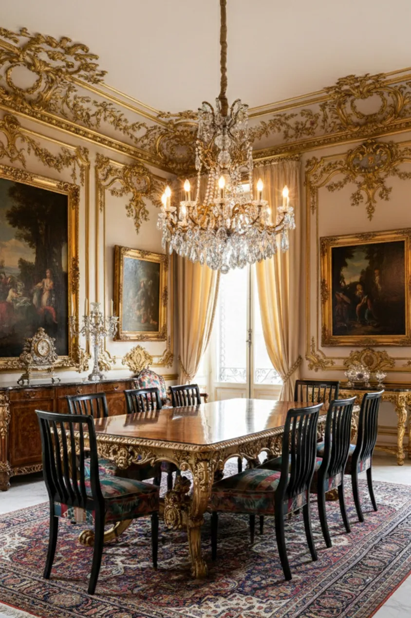 8 chaises antiques avec dossier haut dans un cadre classique