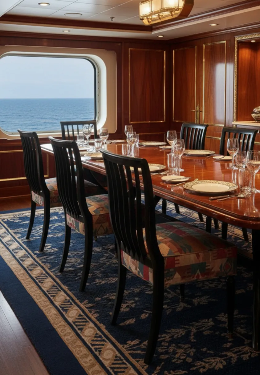 Huit chaises anciennes dans un cadre élégant avec une table et vue sur la mer.