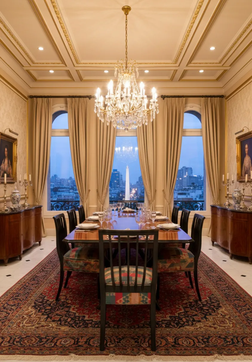 Acht antike Stühle in einem eleganten Esszimmer mit klassischer Dekoration