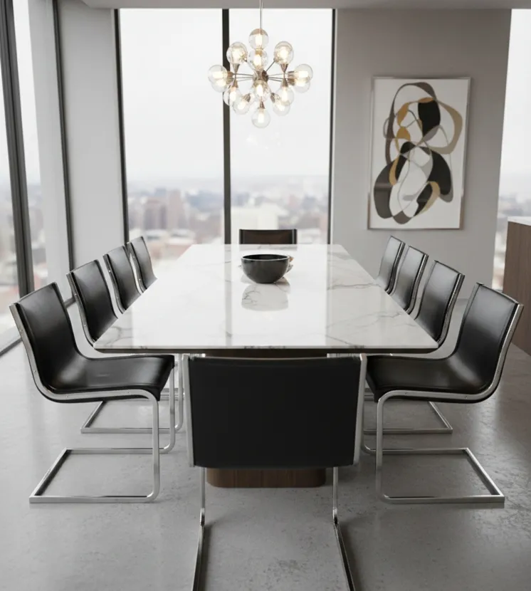 10 antike Stühle in einem modernen Esszimmer mit Tisch und Dekoration