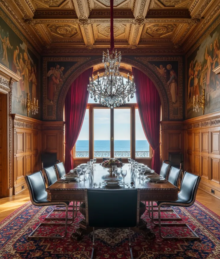 Ansicht von 10 antiken Stühlen in einem eleganten Esszimmer mit natürlichem Licht