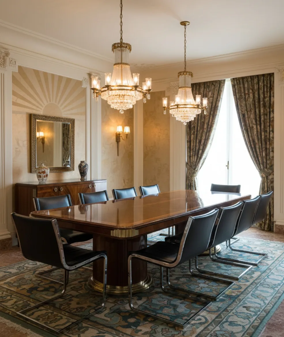 View of 10 elegant antique chairs in a classic setting.