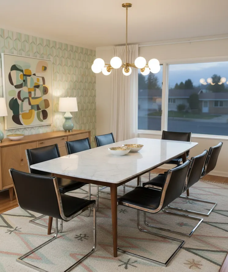 Vista de 10 cadeiras negras antigas em uma sala de jantar acolhedora com mesa elegante.