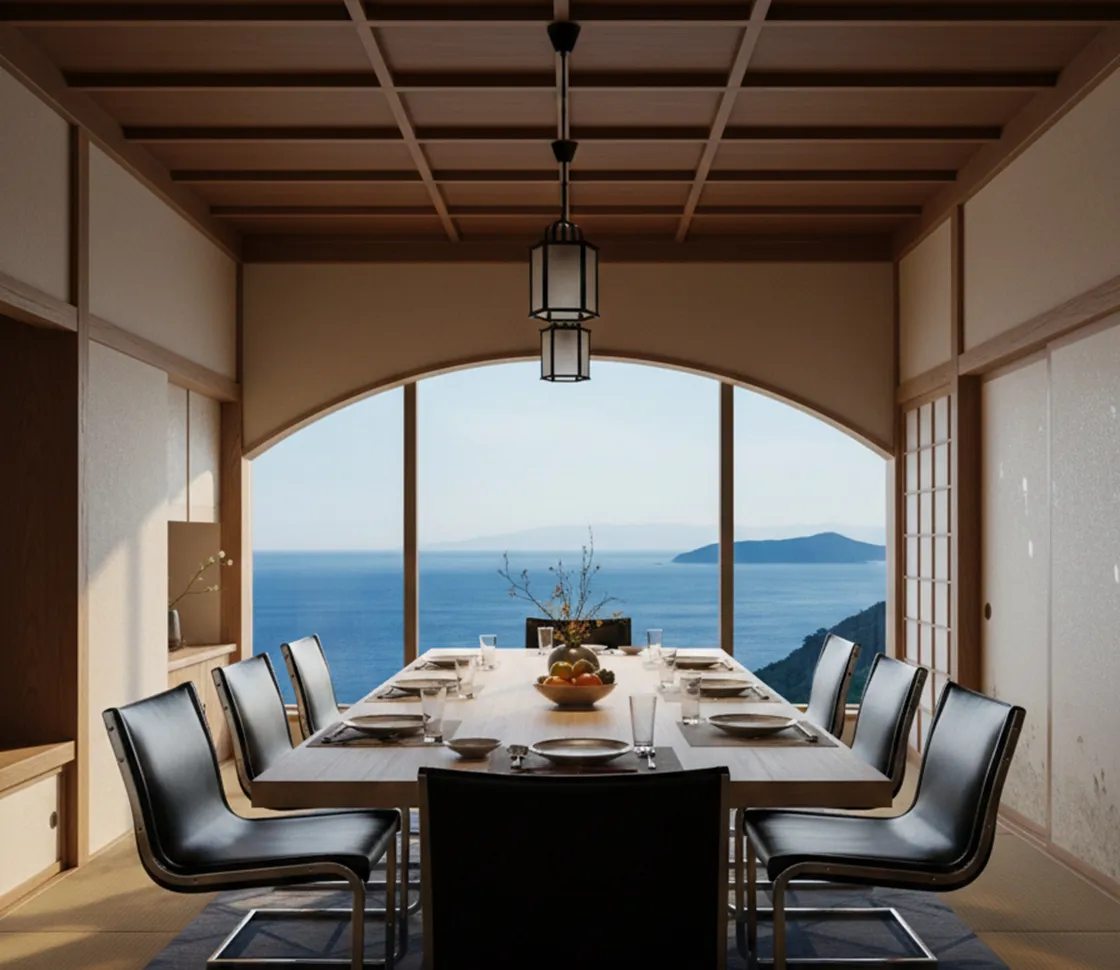 Vista de un comedor elegante con 10 sillas antiguas, decorado con frutas frescas.