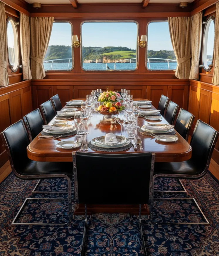 10 antike Stühle in einem eleganten Speisezimmer mit Meerblick.