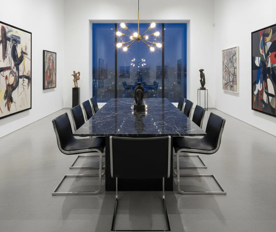 Vista della sala da pranzo con 10 sedie antiche da restaurare, opere d'arte alle pareti.