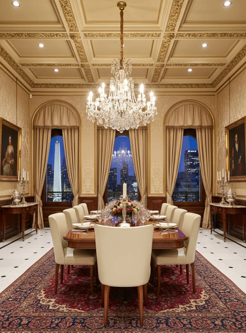 Vue de 10 chaises anciennes dans une salle à manger élégante avec des chandeliers