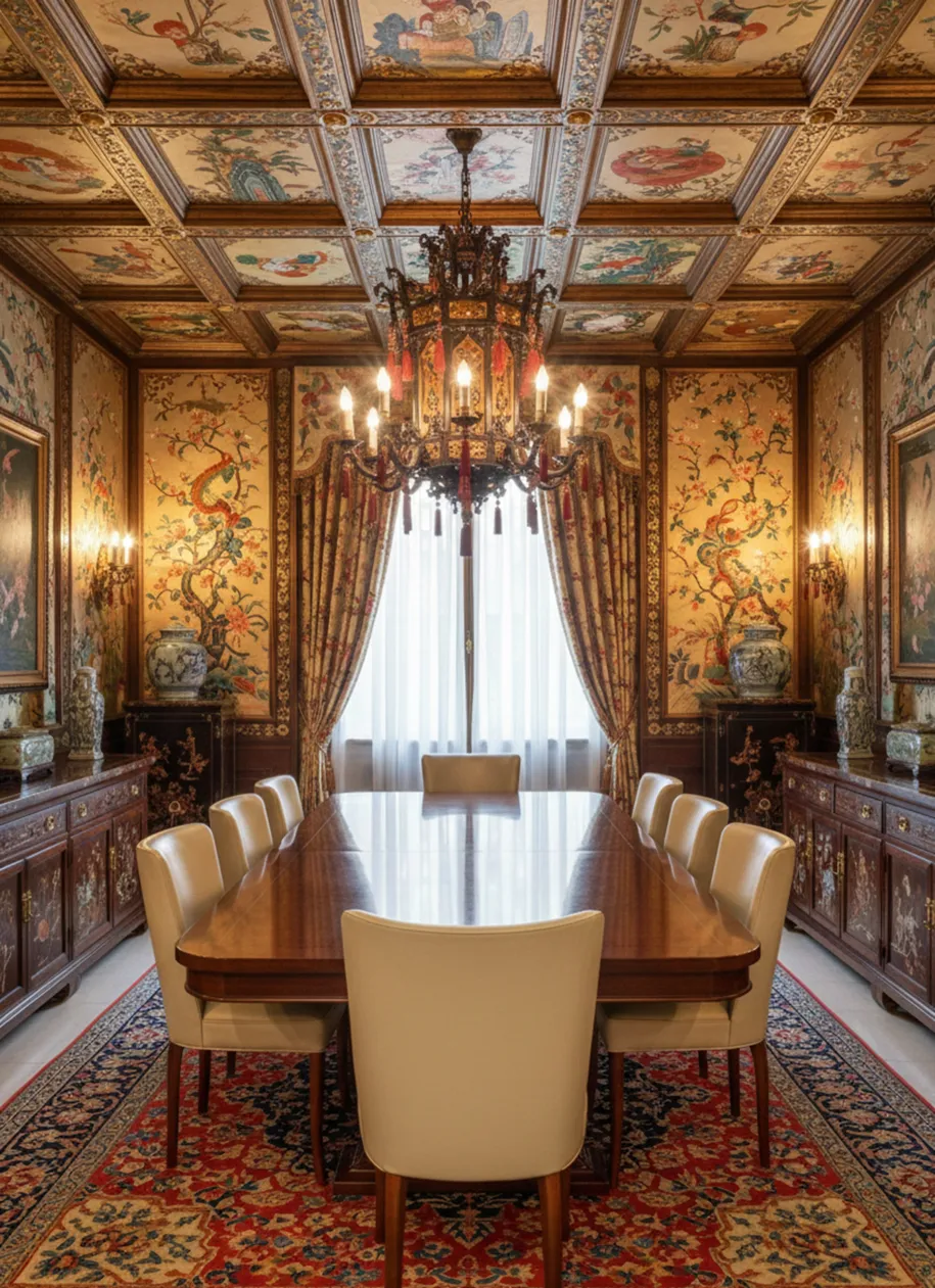 Blick auf 10 antike Stühle in einem eleganten Esszimmer mit Kronleuchter und Dekor