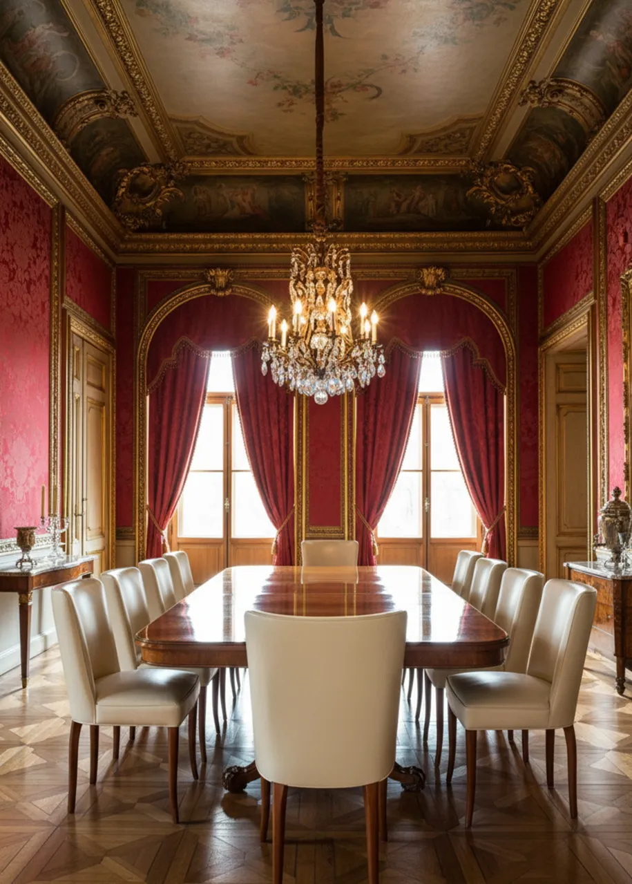 Set di 10 sedie antiche, design elegante, in una sala da pranzo decorata con tende rosse e lampadari.