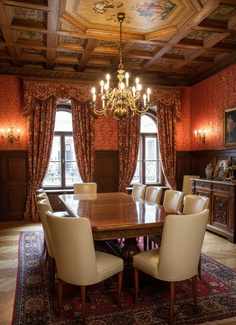 Ambiente elegante com 10 cadeiras antigas para restaurar em uma sala de jantar clássica.