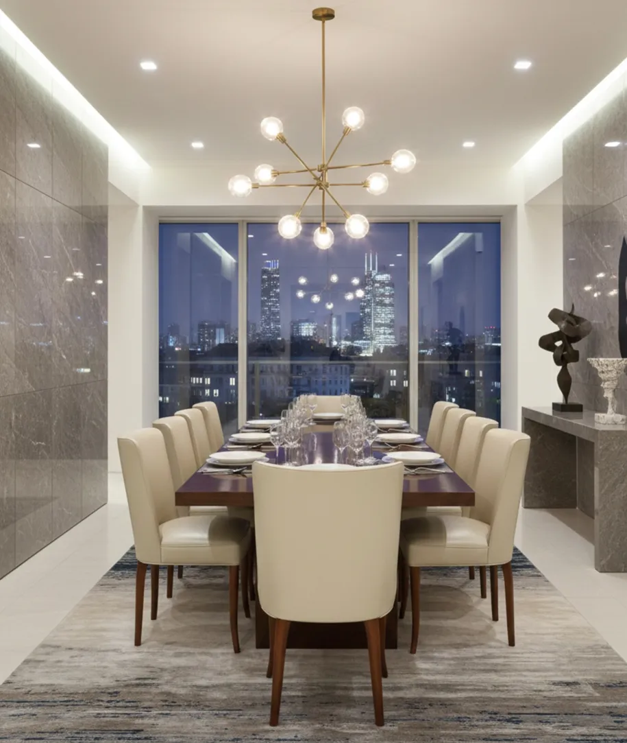 10 sedie antiche in una sala da pranzo moderna con vista notturna.