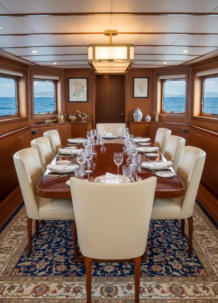 Vista di 10 sedie antiche circondate da decorazioni nautiche