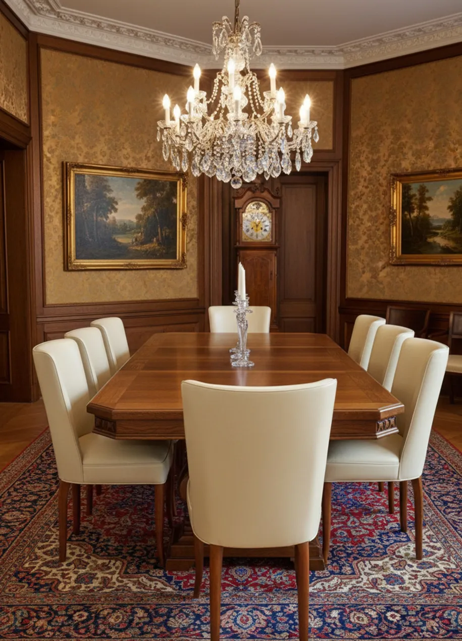 Vista de conjunto de 10 sillas antiguas para restaurar en un comedor elegante con candelabro y arte en las paredes.