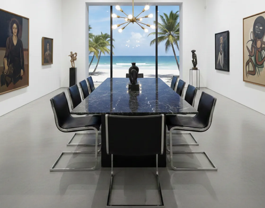 Vue d'une table avec 10 chaises antiques dans un espace moderne