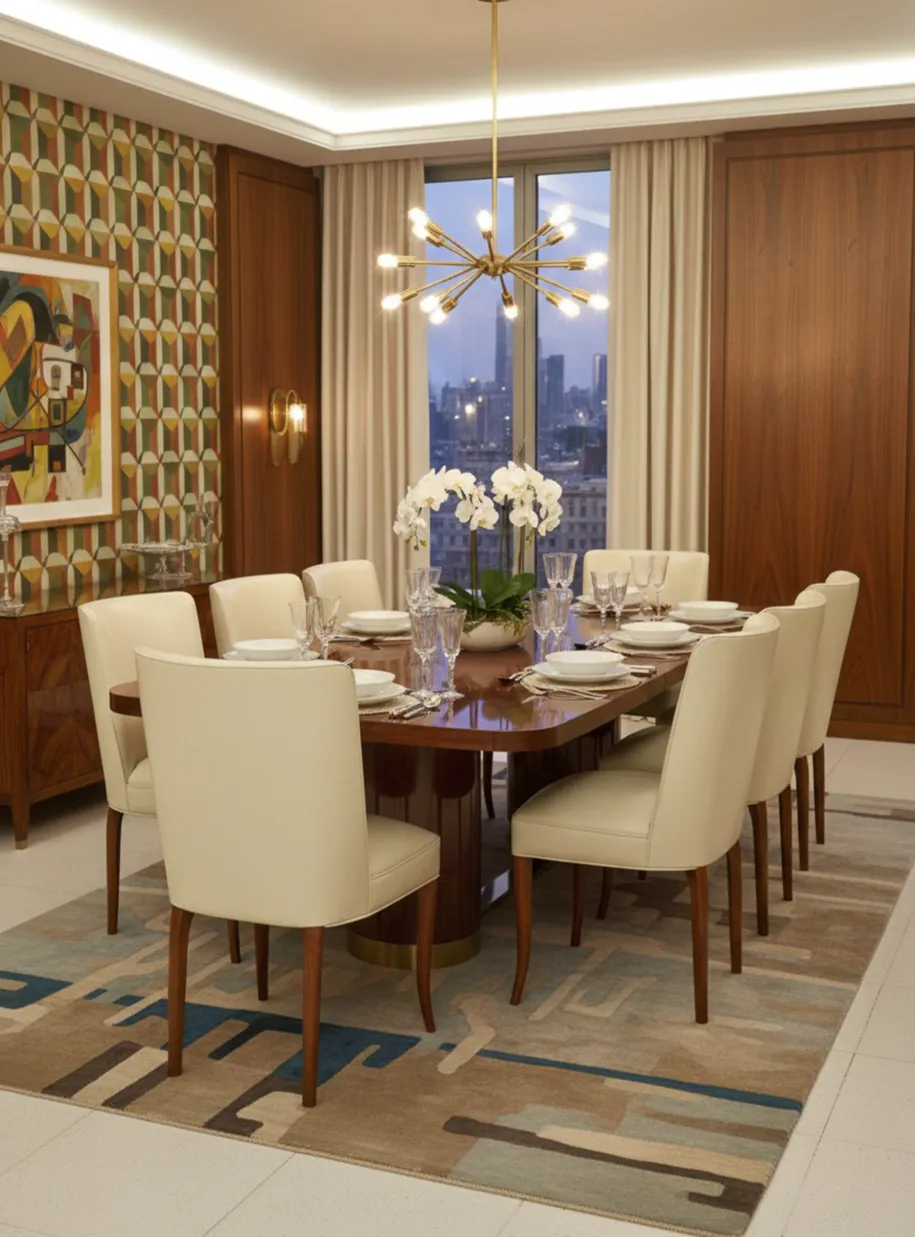 Conjunto de 10 cadeiras antigas em uma sala de jantar elegante.