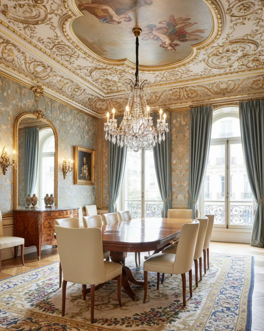 Elegant setting featuring 10 antique chairs to restore, chandeliers, and a mirror.