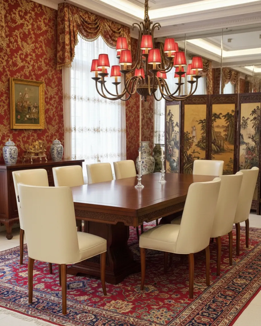 View of 10 antique chairs intended for restoration in a decorated dining room with a red rug.