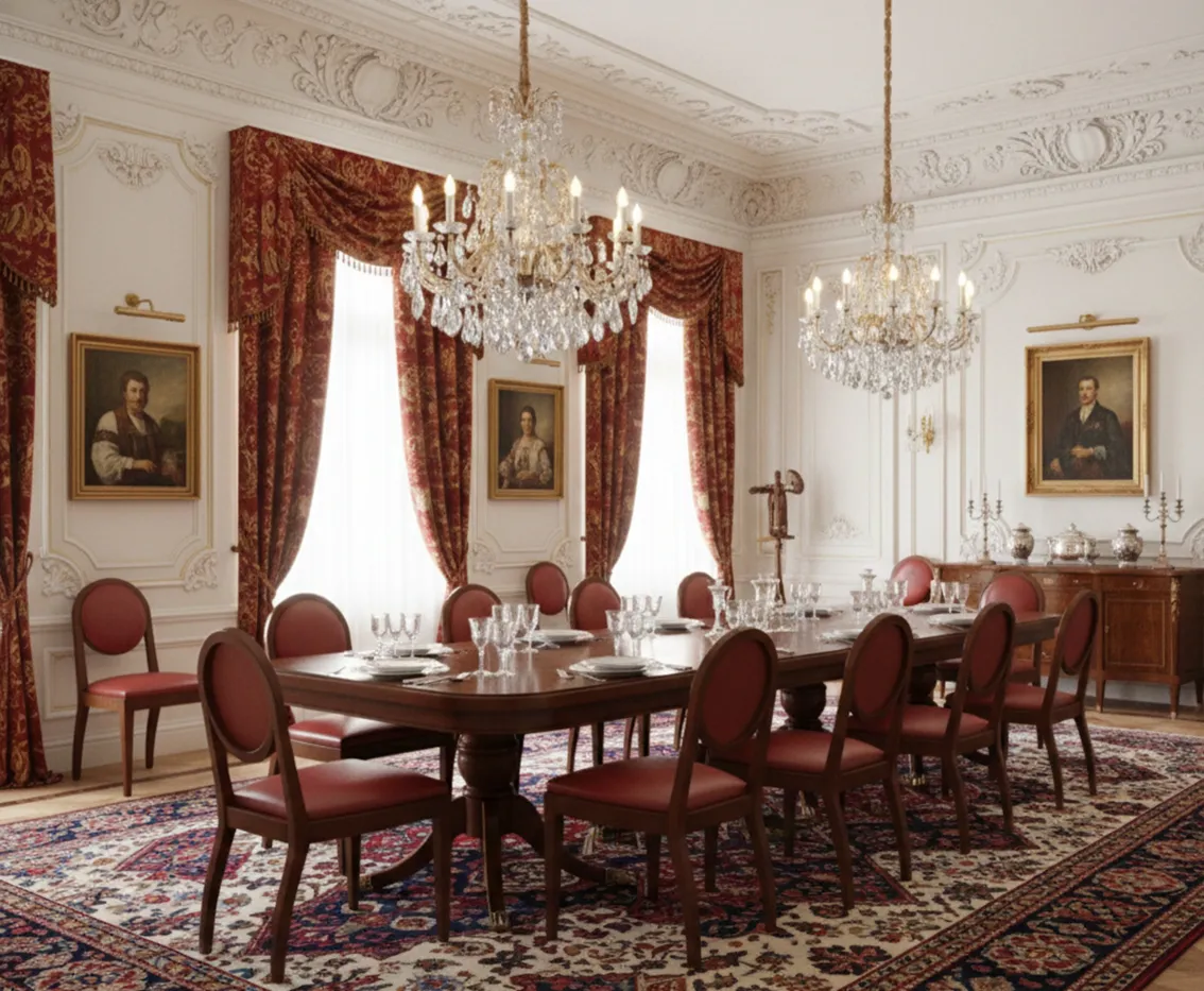 Sala de jantar elegante com 12 cadeiras antigas, decoração clássica