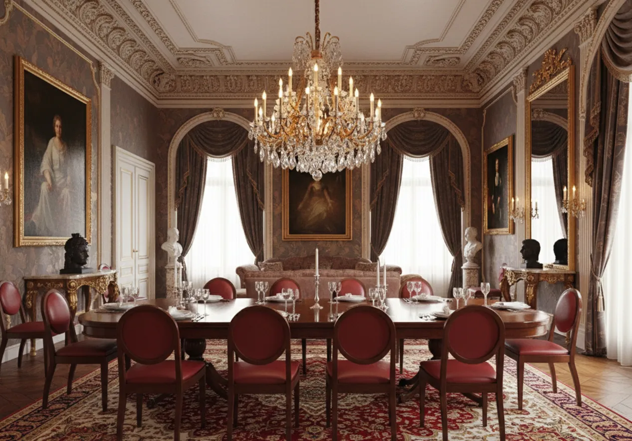 12 antique chairs to restore, surrounded by elegant decor in a dining room