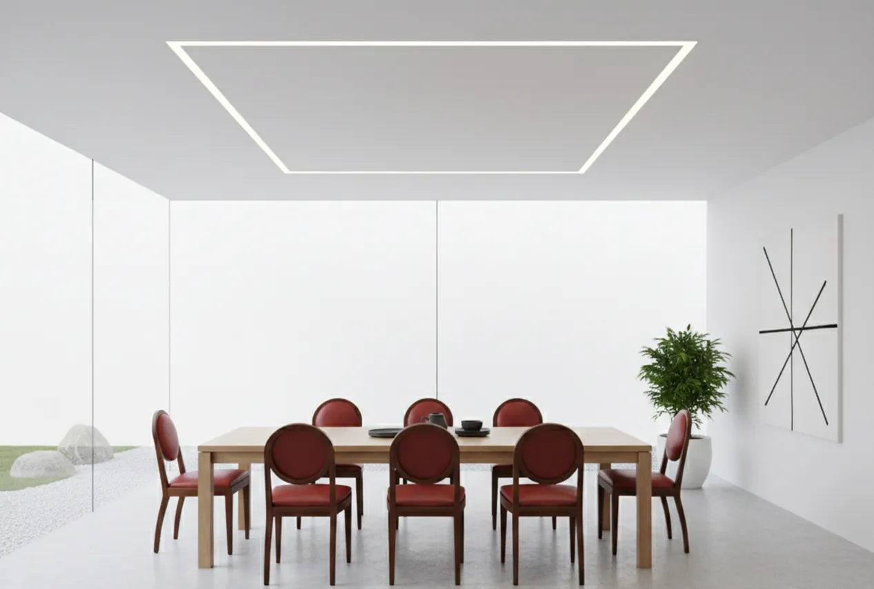 zwölf antike Stühle mit roten Kissen in modernem Ambiente