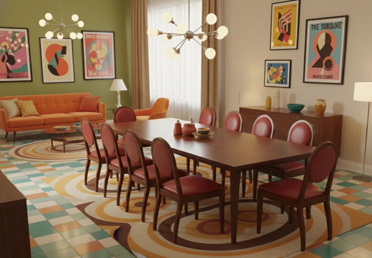 12 sillas antiguas con tapizado rojo en una mesa de comedor