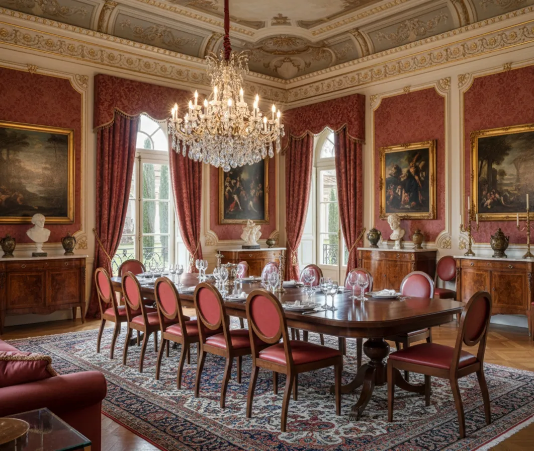 Conjunto de 12 sillas antiguas en un elegante comedor con chandelier.
