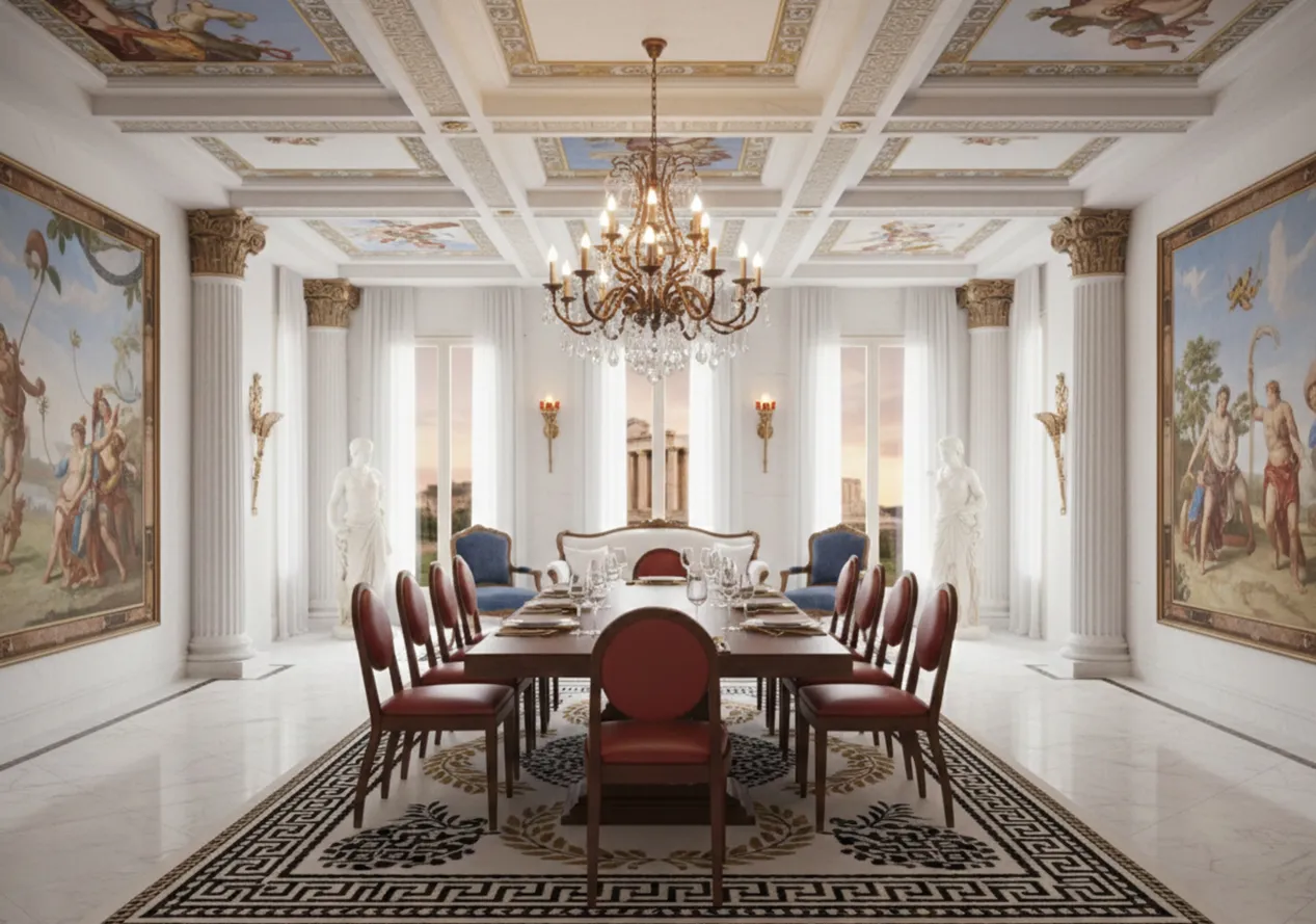 12 cadeiras antigas em um ambiente elegante e clássico