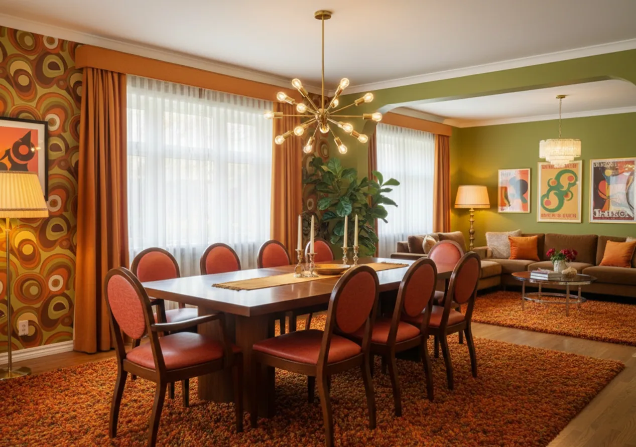 Dining room with 12 antique chairs to restore, retro decor