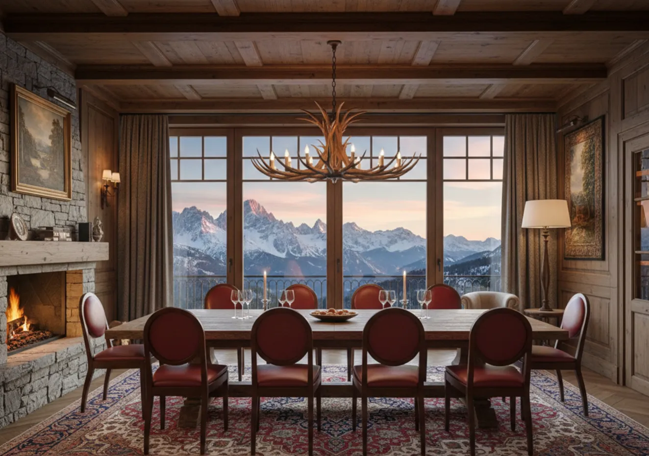 12 antike Stühle zur Restaurierung in einem eleganten Esszimmer mit Kamin und Blick auf die Berge