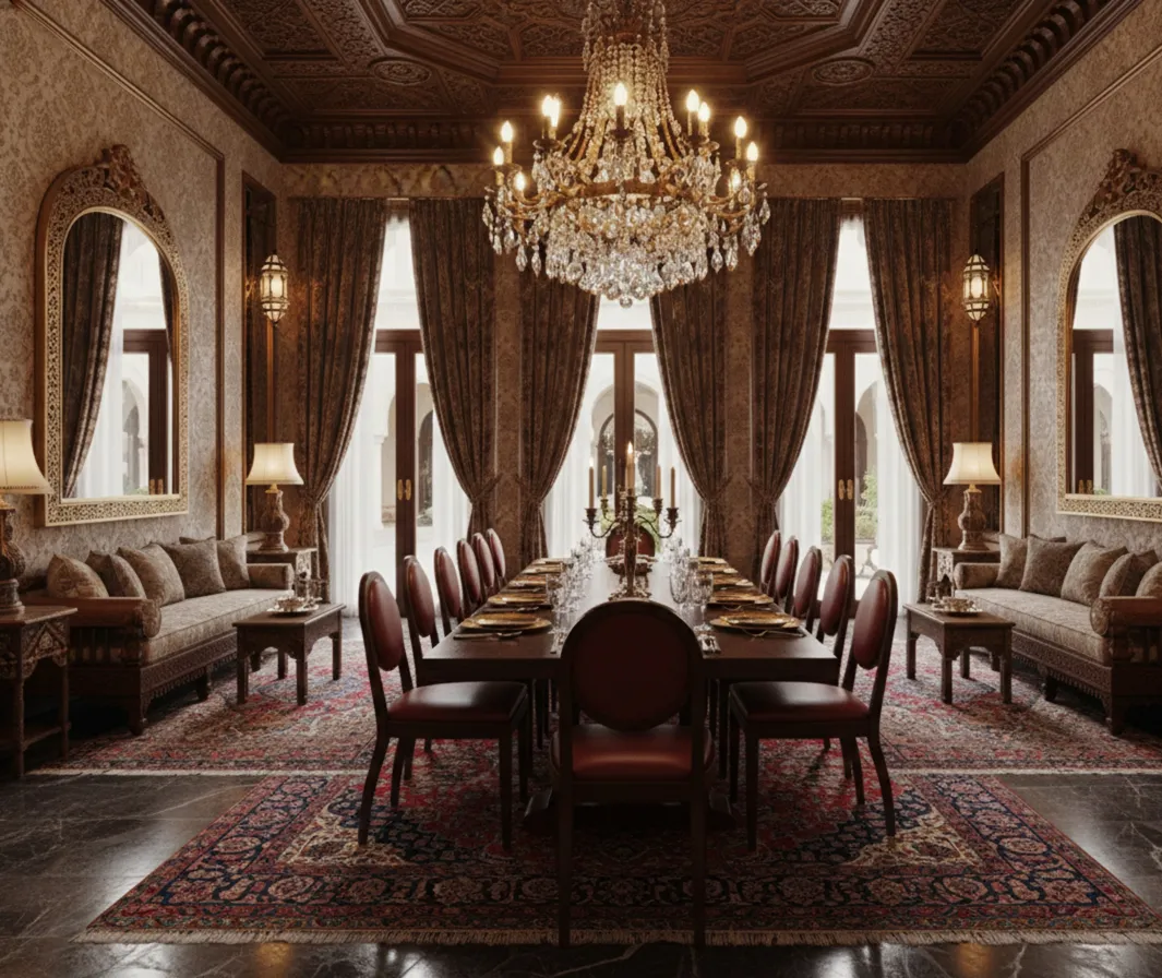 Set of 12 antique chairs for restoration in an elegant dining room, surrounded by a sophisticated atmosphere with lamps and luxurious curtains.