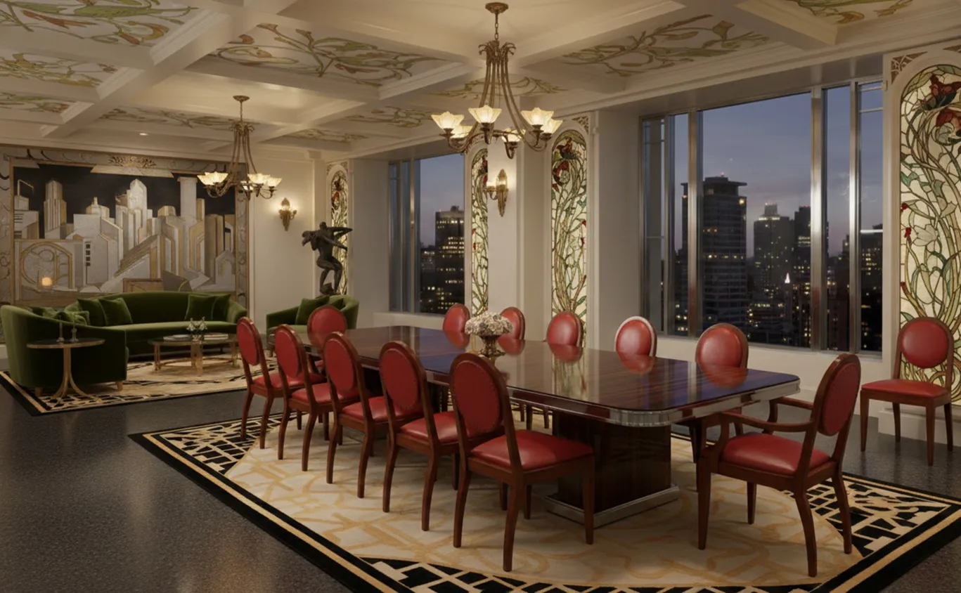 12 antique chairs in Art Deco style, red upholstery, in an elegant dining room