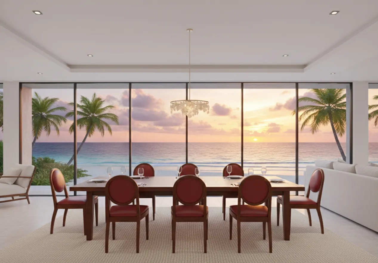 Conjunto de 12 cadeiras antigas em um espaço moderno à beira-mar com decoração elegante