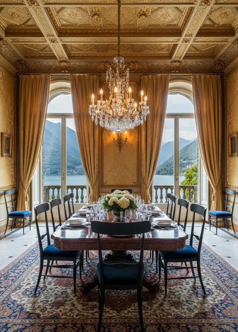 10 antique chairs in an elegant dining room with classic decor