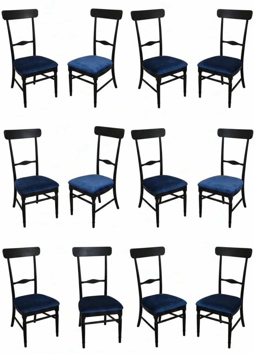 Collection of 10 antique chairs colombo sanguineti chiavari with blue upholstery