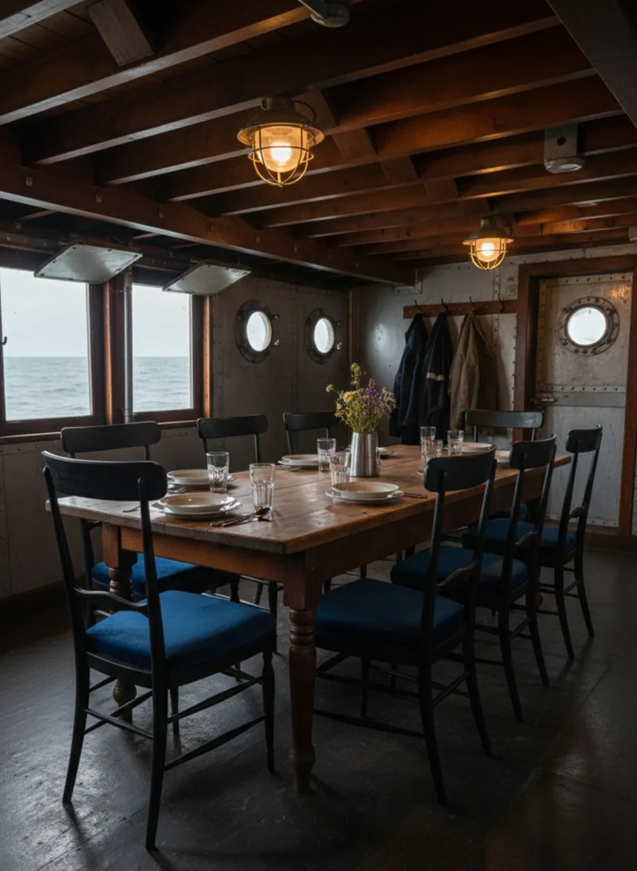 Vista di 10 sedie antiche in un ambiente nautico con decorazione