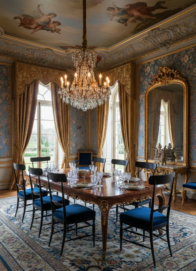 10 chaises anciennes avec rembourrage bleu dans une salle à manger élégante décorée