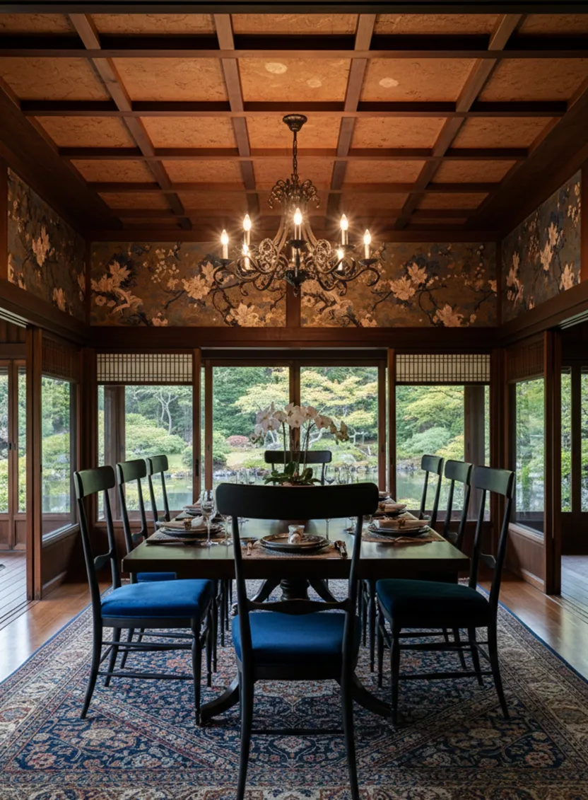 10 sedie antiche da restaurare in una sala da pranzo elegante con un lampadario e decorazioni floreali