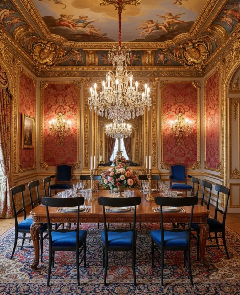 Detailansicht von 10 antiken Stühlen, bereit zur Restaurierung, in einem eleganten Esszimmer mit luxuriöser Dekoration