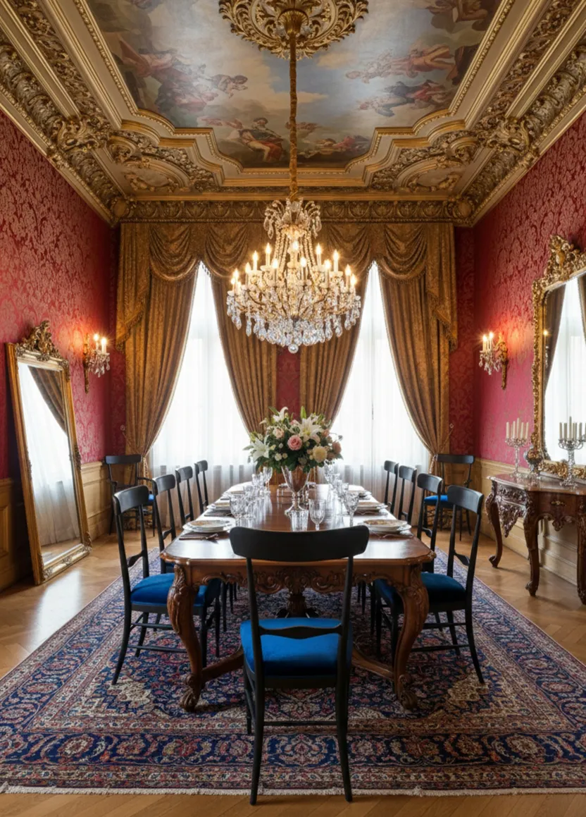 vista di 10 sedie antiche da restaurare in una sala da pranzo elegante con decorazioni lussuose