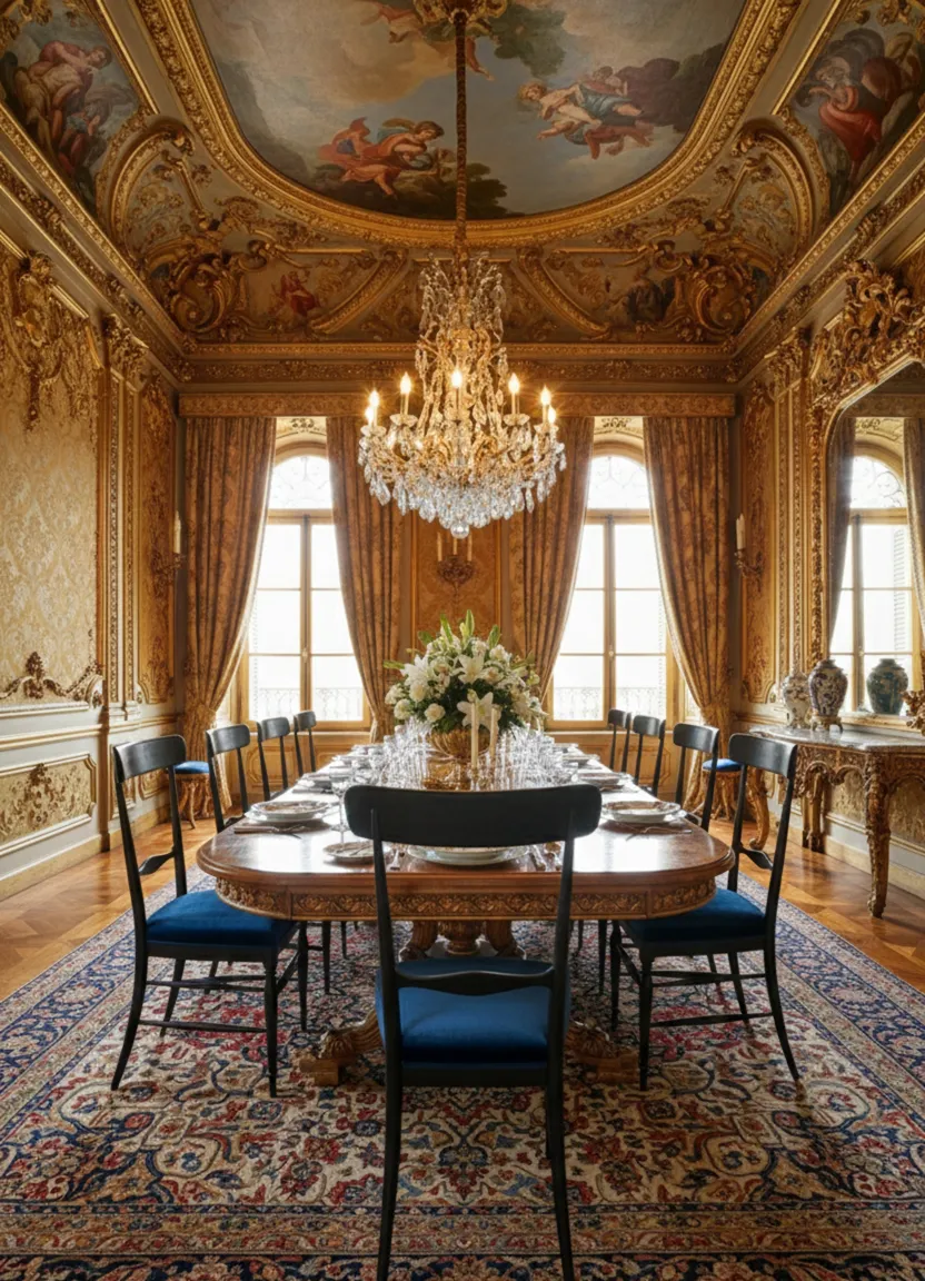 Dieci antiche sedie Colombo Sanguineti Chiavari disposte attorno a un elegante tavolo in una sala da pranzo. Decorazione dorata lussuosa e un luminoso lampadario sullo sfondo.